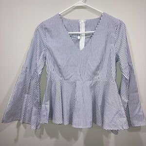 Blue and White Striped Long Sleeve Peplum Top Medium